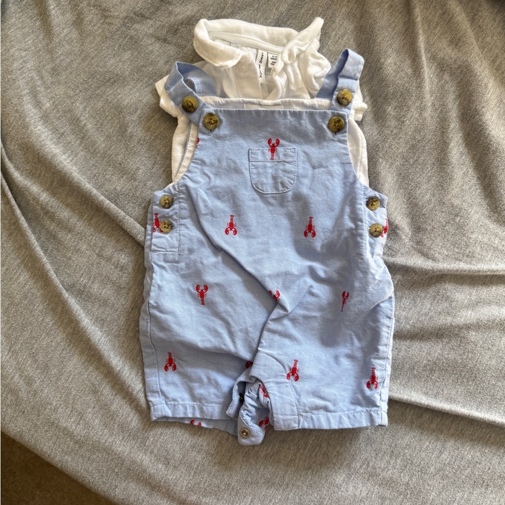 Janie and Jack Light Blue Overalls with Red Lobster Print